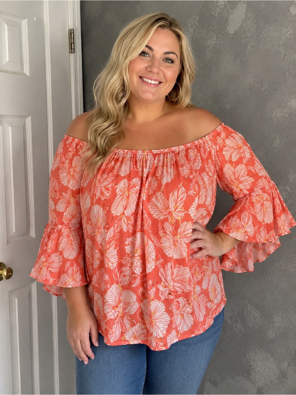 Unique Spectrum by Mille Gabrielle Tropical Off-Shoulder Boho Peasant Blouse 2x